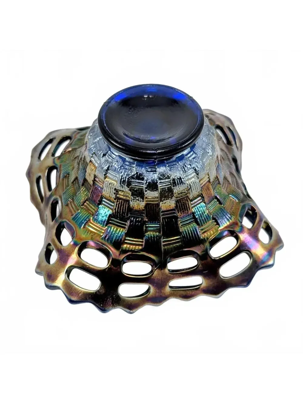 Vtg Fenton Blue Carnival Basket Weave Open Lace Edge Bowl 5.5